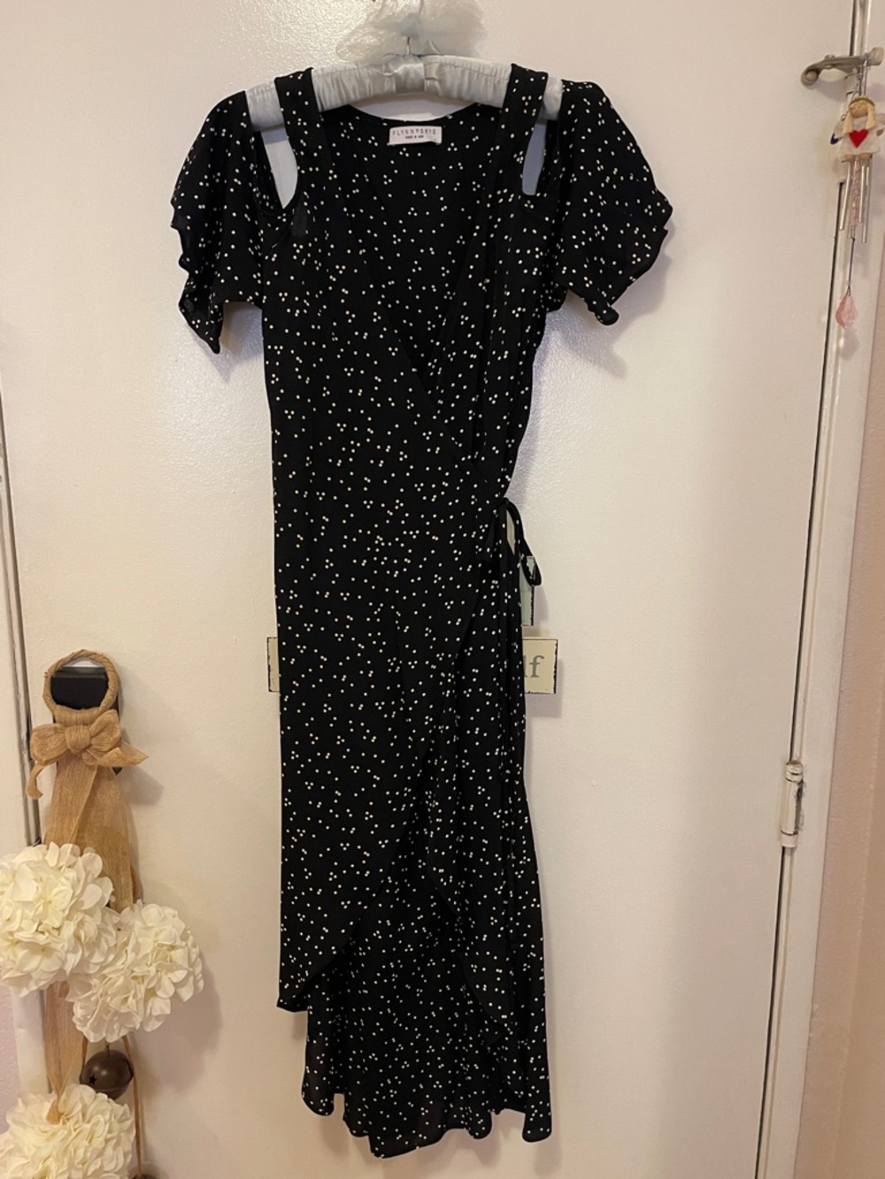 Cold shoulder wrap around Black Dress with White Dot Print